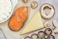 Healthy food, foods rich in vitamin D, omega 3 and protein, sea red salmon fish, mushrooms, champignons, dairy product Royalty Free Stock Photo