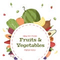 Healthy food frame vector illustration. Hand drawn Vegetables and fruits . Organic food banner. Good nutrition. Royalty Free Stock Photo