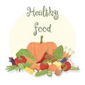 Healthy food frame vector illustration. Hand drawn Vegetables and fruits . Organic food banner. Good nutrition. Royalty Free Stock Photo