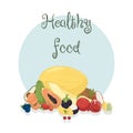 Healthy food frame vector illustration. Hand drawn Vegetables and fruits . Organic food banner. Good nutrition. Royalty Free Stock Photo