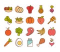 Healthy food fresh fruits vegetables and protein ingredient products icons set line and fill style icon Royalty Free Stock Photo