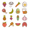 Healthy food fresh fruits vegetables and protein ingredient products icons set line and fill style icon Royalty Free Stock Photo