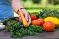 Healthy food with fresh raw vegetables: female hands with carrots in salad ingredients, cucumbers with dill, pattison, broccoli, Royalty Free Stock Photo