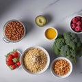 Healthy food from fruits, vegetables, grains, nuts and superfoods, dietary and balanced vegetarian products Royalty Free Stock Photo