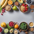 Healthy food from fruits, vegetables, grains, nuts and superfoods, dietary and balanced vegetarian products Royalty Free Stock Photo