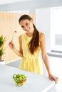 Healthy Food. Girl Eating Vegetable Vegetarian Salad. Lifestyle, Diet Concept. Royalty Free Stock Photo