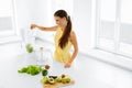 Healthy Food. Green Juice. Woman Preparing Smoothie. Detox Diet. Royalty Free Stock Photo