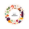 Healthy food guide concept. Vector flat illustration. Infographic of antioxidants vitamin sources. Circle frame chart. Colorful