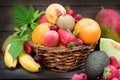 Healthy food, healthy eating - fresh organic fruit in wicker basket Royalty Free Stock Photo