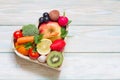 Healthy food in heart and cholesterol diet concept on blue boards Royalty Free Stock Photo