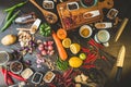 Healthy food herbs Spices for use as cooking ingredients on a wooden background with Fresh organic vegetables on wood. The concept Royalty Free Stock Photo