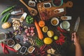 Healthy food herbs Spices for use as cooking ingredients on a wooden background with Fresh organic vegetables on wood. The concept Royalty Free Stock Photo