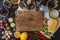 Healthy food herbs Spices for use as cooking ingredients on a wooden background with Fresh organic vegetables on wood. The concept Royalty Free Stock Photo