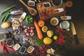 Healthy food herbs Spices for use as cooking ingredients on a wooden background with Fresh organic vegetables on wood. The concept Royalty Free Stock Photo