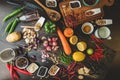 Healthy food herbs Spices for use as cooking ingredients on a wooden background with Fresh organic vegetables on wood. The concept Royalty Free Stock Photo