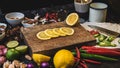 Healthy food herbs Spices for use as cooking ingredients on a wooden background with Fresh organic vegetables on wood. High Royalty Free Stock Photo