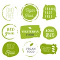 Healthy food icons, labels. Organic tags. Natural product elements. Logo for vegetarian restaurant menu. Raster illustration. Low