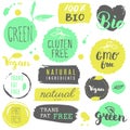 Healthy food icons, labels. Organic tags. Natural product elements. Logo for vegetarian restaurant menu. Raster illustration. Low