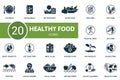 Healthy food icons set. Creative icons: calories, vegan menu, nutritionist, good food, non gmo, nut free, palm oil free