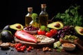 Healthy food ingredients for cooking on wooden background. Balanced diet, Healthy food for balanced flexitarian Mediterranean diet Royalty Free Stock Photo