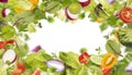 Healthy food ingredients frame, superfood, falling salad leaves and vegetable slices Royalty Free Stock Photo
