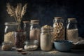 Healthy food ingredients: pasta, oatmeal, blueberry, cashew nuts, dried cranberries in glass jars. Royalty Free Stock Photo