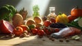 Healthy food ingredients on wooden table. Balanced diet. Selective focus.