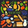 Healthy food isolated icons, fresh organic products, cartoon fruits and vegetables, vector illustration