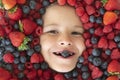 Healthy food for kids. Berries mix blueberry, raspberry, strawberry, blackberry. Assorted mix of strawberry, blueberry Royalty Free Stock Photo