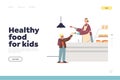 Healthy food for kids concept of landing page with schoolboy taking lunch at canteen counter Royalty Free Stock Photo