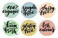 Healthy food label set. Product labels or stickers. Free from gluten, dairy and sugar food label set. 100 percent