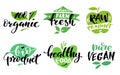 Healthy food label set. Product labels or stickers. 100 percent organic, farm fresh, raw product, bio product, healthy Royalty Free Stock Photo