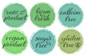 Healthy food label set. Product labels or stickers. Raw product, farm fresh, caffeine free, vegan product, sugar free