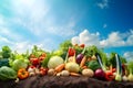 Healthy food landscape against blue sky. Mixed vegetables, organic food concept, food art. banner, Generative Ai