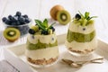 Healthy food -layered dessert with yogurt, muesli, kiwi and blueberry.