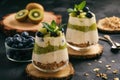 Healthy food -layered dessert with yogurt, muesli, kiwi and blueberry.