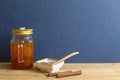 Healthy food Lentils and citron tea on wooden table Royalty Free Stock Photo