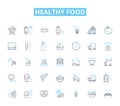 Healthy food linear icons set. Nutritious, Wholesome, Organic, Balanced, Fresh, Sustainable, Clean line vector and