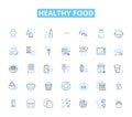 Healthy food linear icons set. Nutritious, Wholesome, Organic, Balanced, Fresh, Sustainable, Clean line vector and