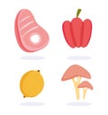 Healthy food, meat steak pepper mushroom and fruit health nutrition diet icons