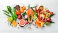 Healthy food menu: fish meat, vegetables and fruits