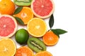 healthy food. mix sliced lemon, green lime, orange, mandarin, kiwi fruit and grapefruit with green leaf isolated on white Royalty Free Stock Photo