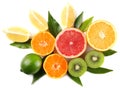 healthy food. mix sliced lemon, green lime, orange, mandarin, kiwi fruit and grapefruit with green leaf isolated on white backgrou Royalty Free Stock Photo