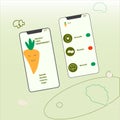 Healthy food mobile application concept. Mobile App with example of benefit and healthy fruits and vegetables on the light green