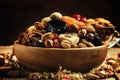 Healthy food: nuts and dried fruit, vintage wooden background, s