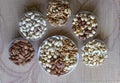 Healthy food. Nuts mix assortment on texture top view. Collection of different legumes for background image close up nuts,