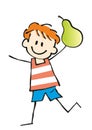 healthy food, one child, boy holding a pear, funny vector illustration