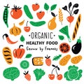 Healthy food, organic products set. Funny doodle hand drawn vector illustration. Farm market cute food collection.