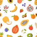 Healthy food pattern with fruits, nuts and berries on white background. Repeating texture with fresh organic vitamins