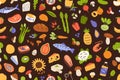 Healthy food pattern. Seamless background with organic vitamin vegetables and fruits, fresh meat and fish. Endless